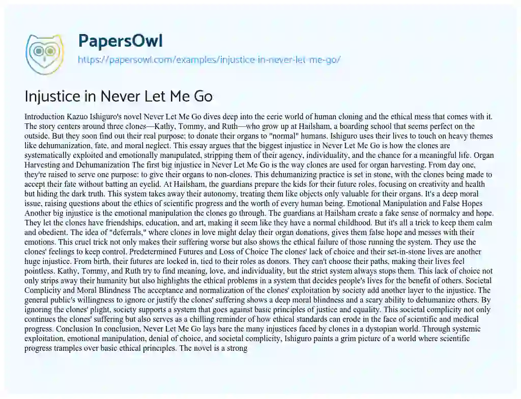 Essay on Injustice in Never Let me Go