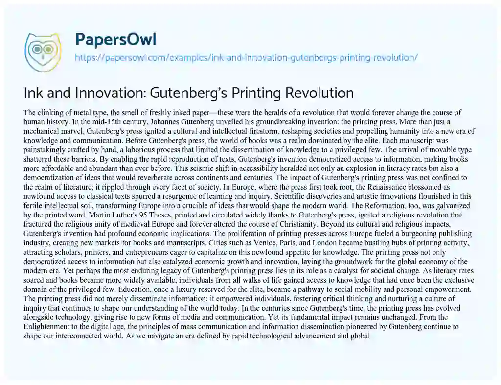 Essay on Ink and Innovation: Gutenberg’s Printing Revolution