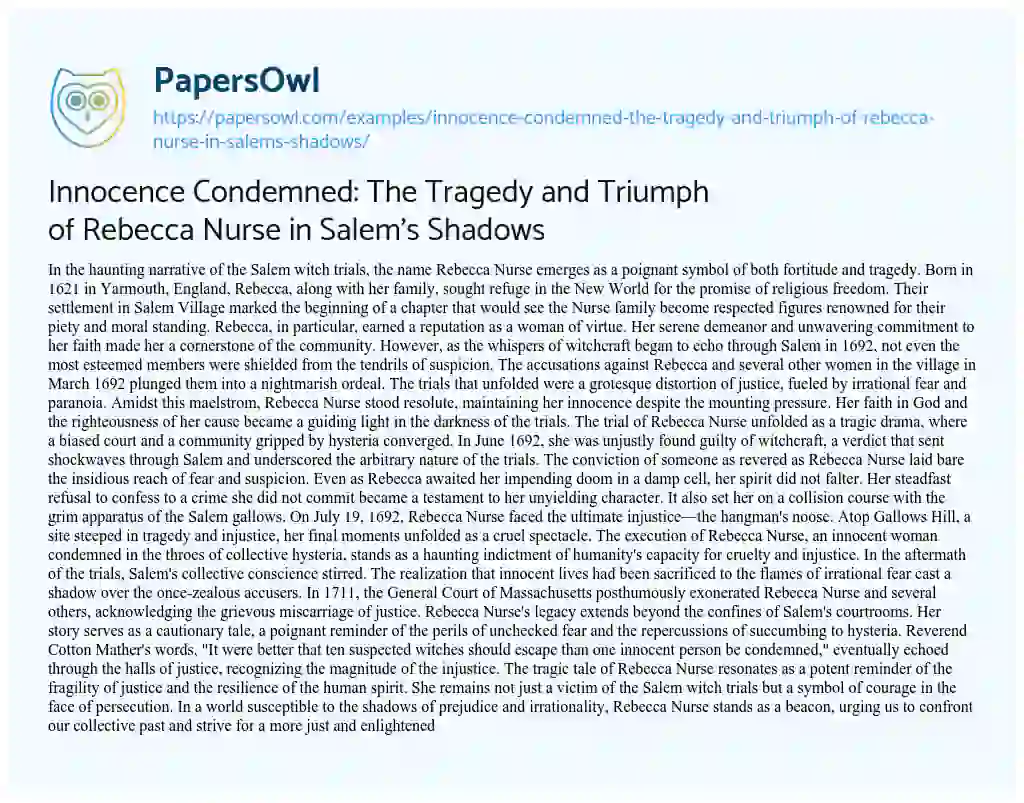 Essay on Innocence Condemned: the Tragedy and Triumph of Rebecca Nurse in Salem’s Shadows
