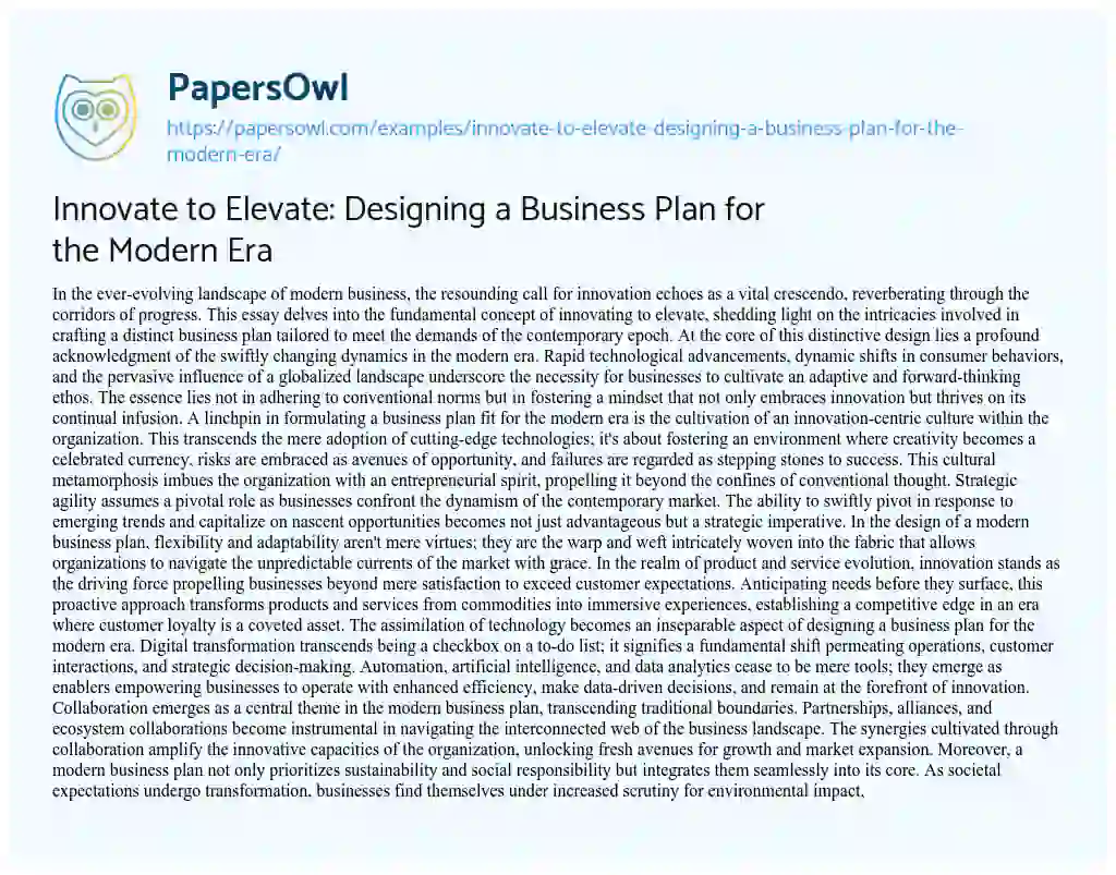 Essay on Innovate to Elevate: Designing a Business Plan for the Modern Era