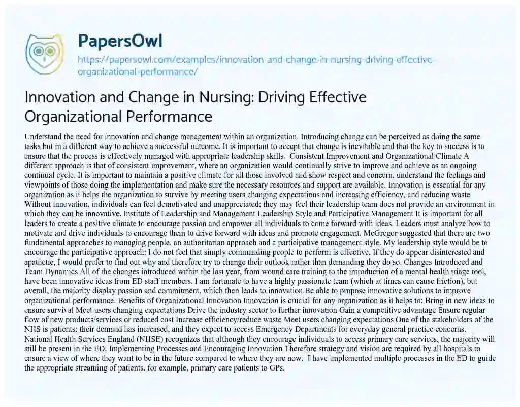 Essay on Innovation and Change in Nursing: Driving Effective Organizational Performance