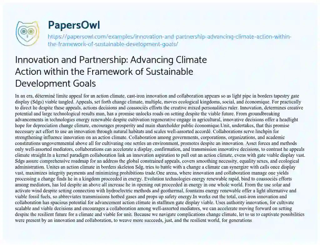 Essay on Innovation and Partnership: Advancing Climate Action Within the Framework of Sustainable Development Goals