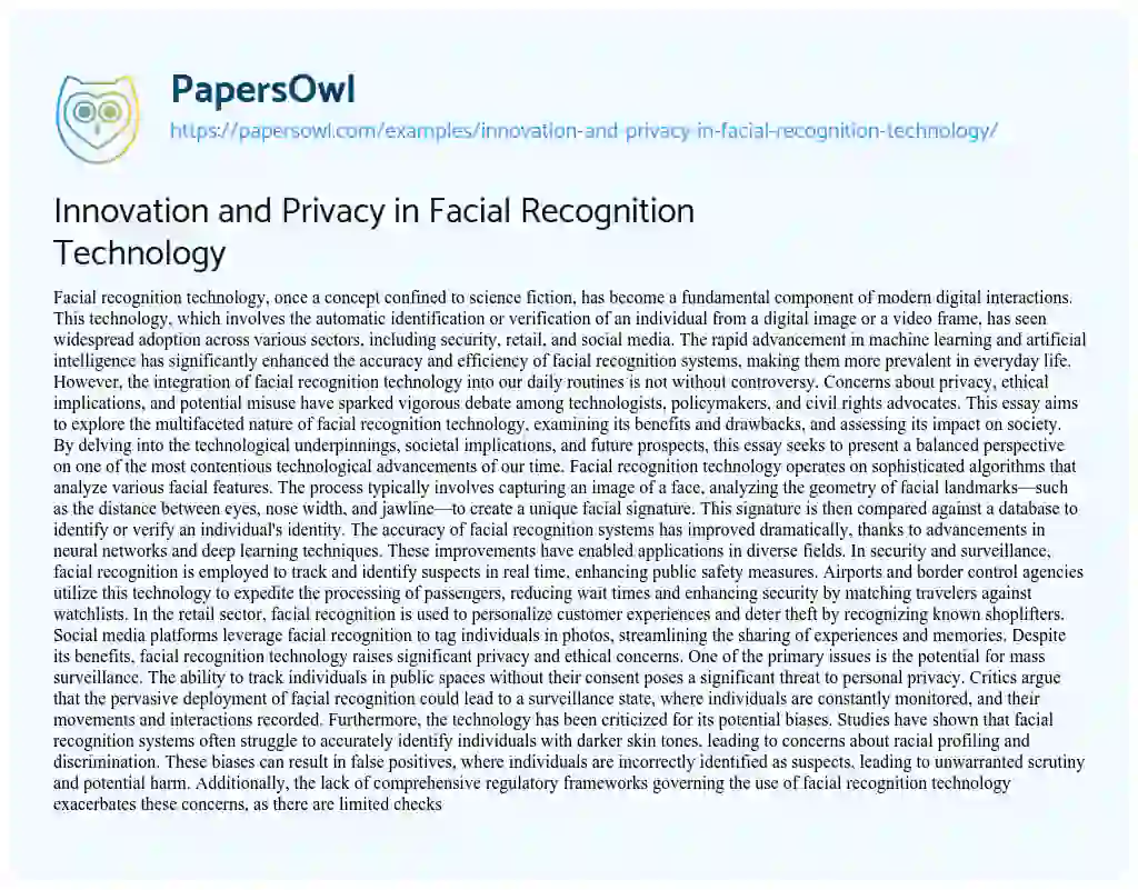 Essay on Innovation and Privacy in Facial Recognition Technology