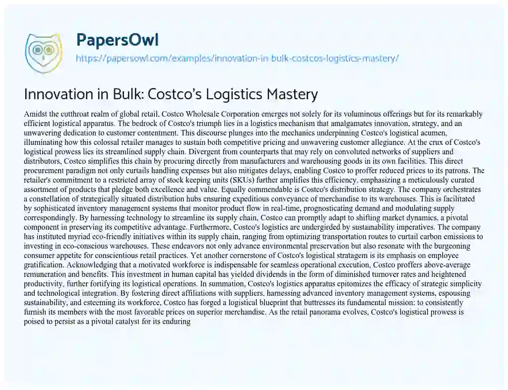 Essay on Innovation in Bulk: Costco’s Logistics Mastery