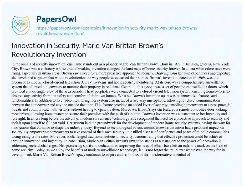 Essay on Innovation in Security: Marie Van Brittan Brown’s Revolutionary Invention