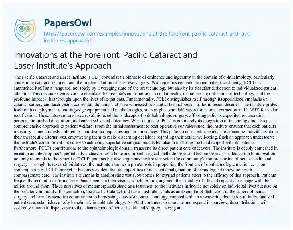 Essay on Innovations at the Forefront: Pacific Cataract and Laser Institute’s Approach
