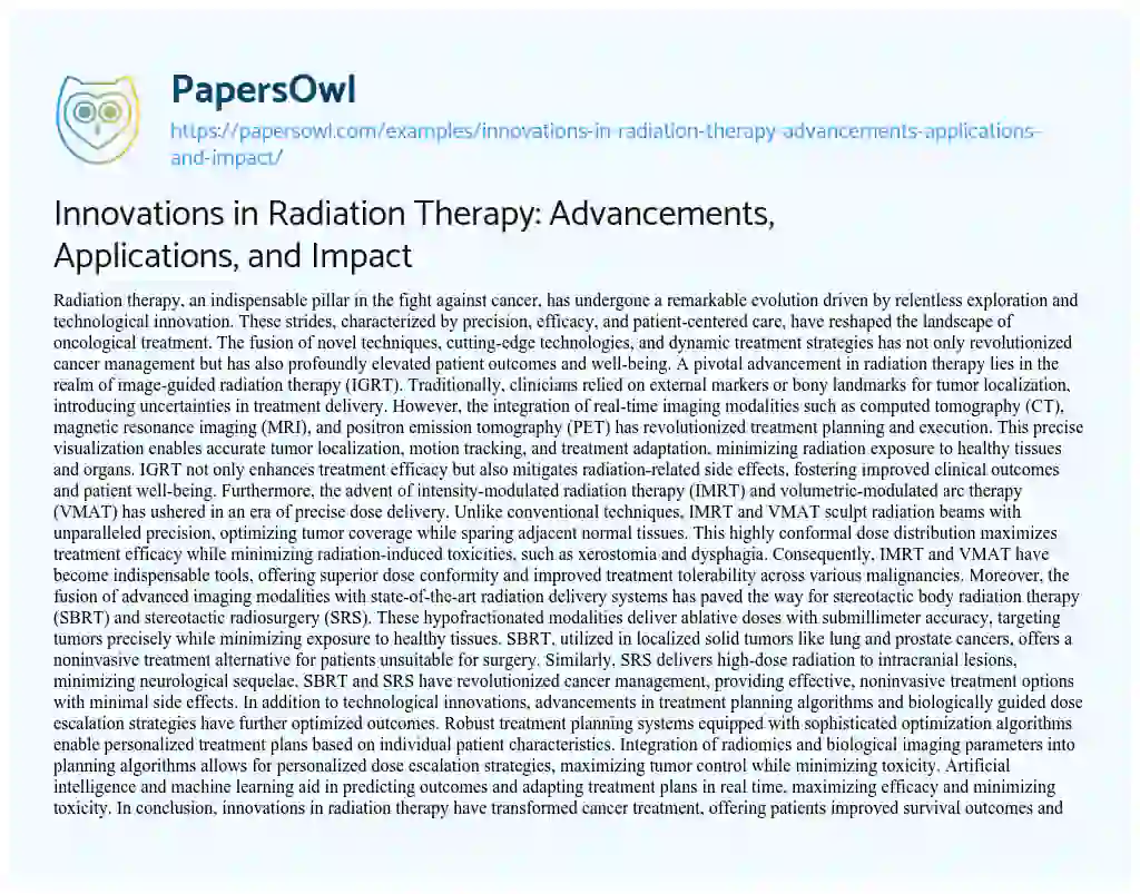 Essay on Innovations in Radiation Therapy: Advancements, Applications, and Impact