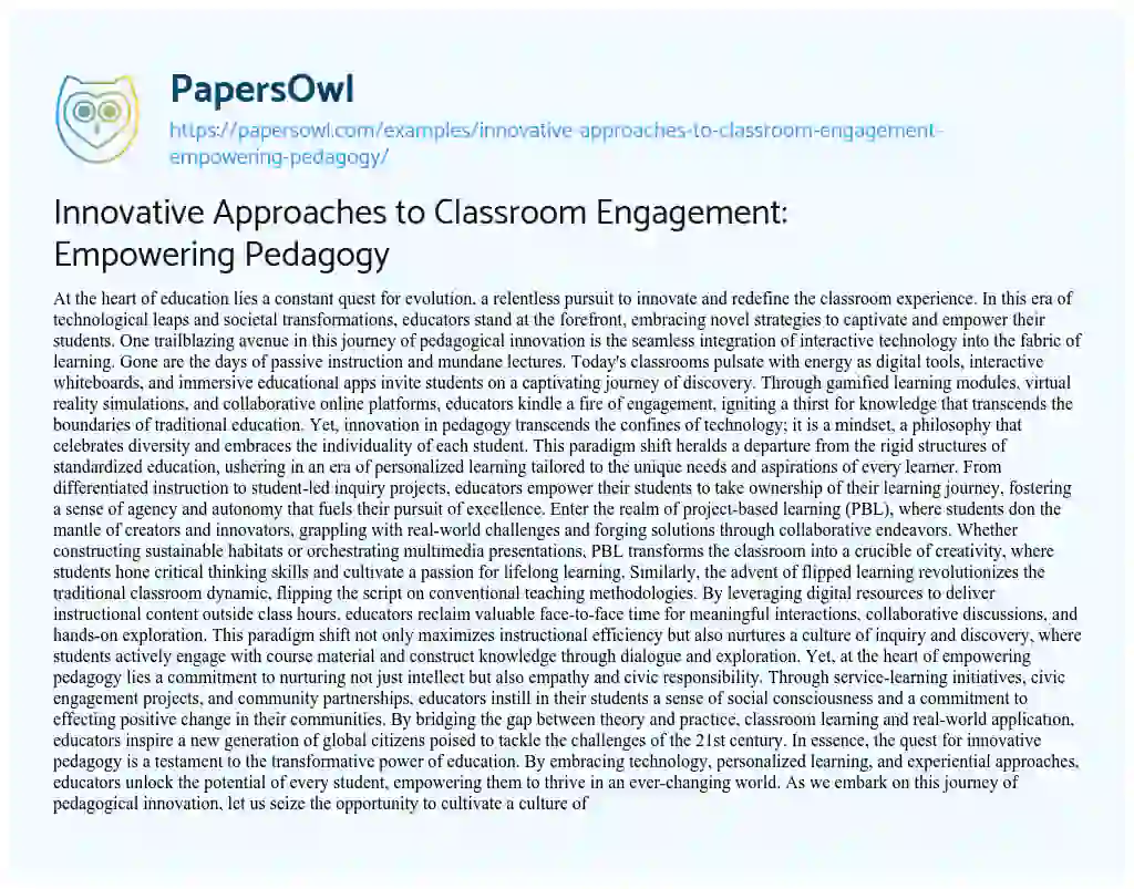 Essay on Innovative Approaches to Classroom Engagement: Empowering Pedagogy