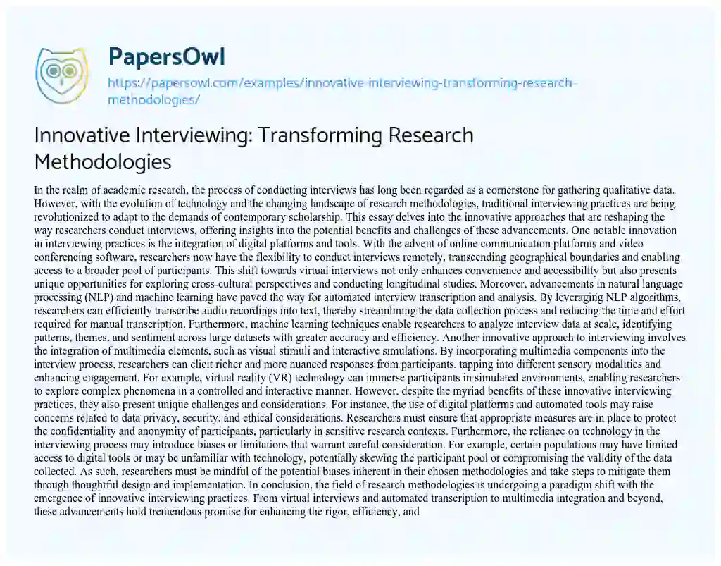 Essay on Innovative Interviewing: Transforming Research Methodologies