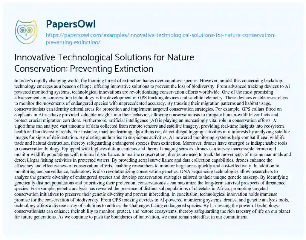 Essay on Innovative Technological Solutions for Nature Conservation: Preventing Extinction