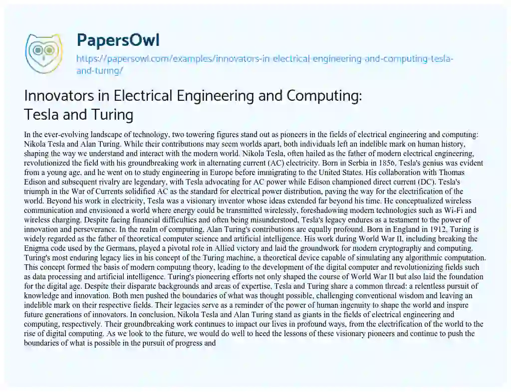 Essay on Innovators in Electrical Engineering and Computing: Tesla and Turing