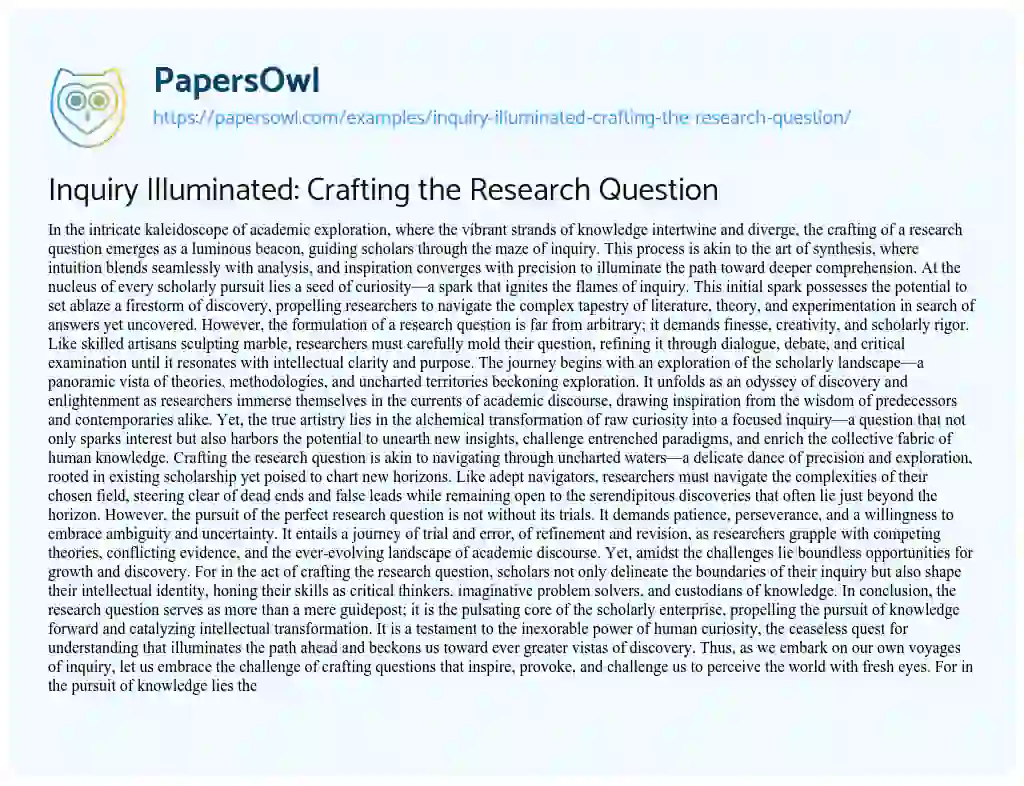 Essay on Inquiry Illuminated: Crafting the Research Question