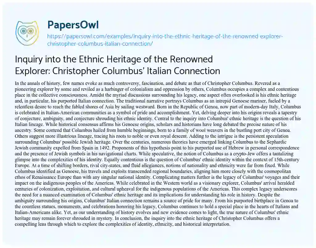 Essay on Inquiry into the Ethnic Heritage of the Renowned Explorer: Christopher Columbus’ Italian Connection