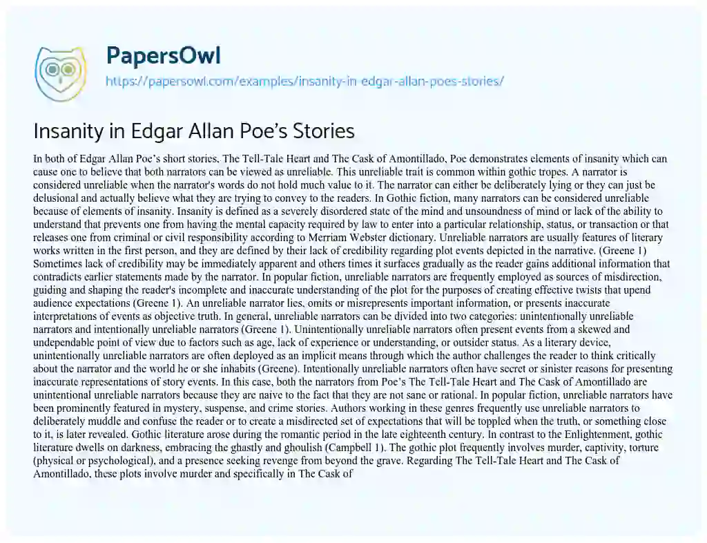 Essay on Insanity in Edgar Allan Poe’s Stories