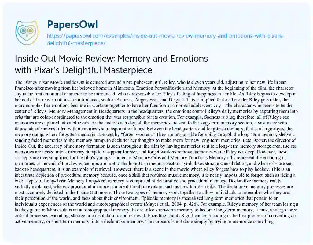 Essay on Inside out Movie Review: Memory and Emotions with Pixar’s Delightful Masterpiece