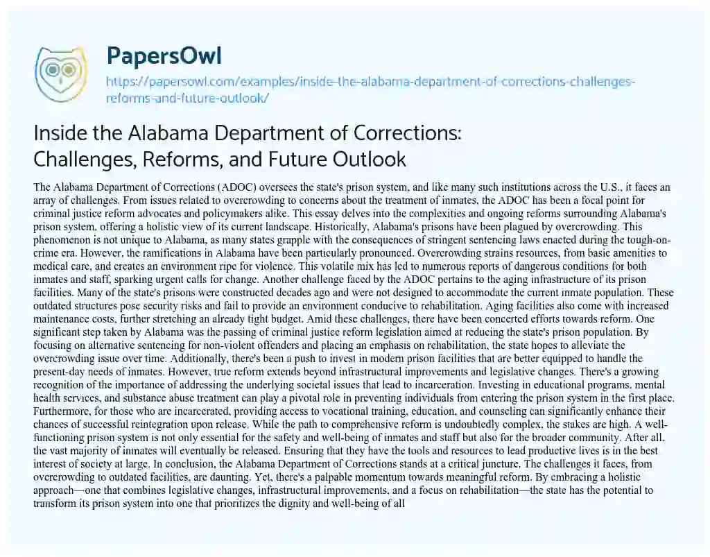 Essay on Inside the Alabama Department of Corrections: Challenges, Reforms, and Future Outlook