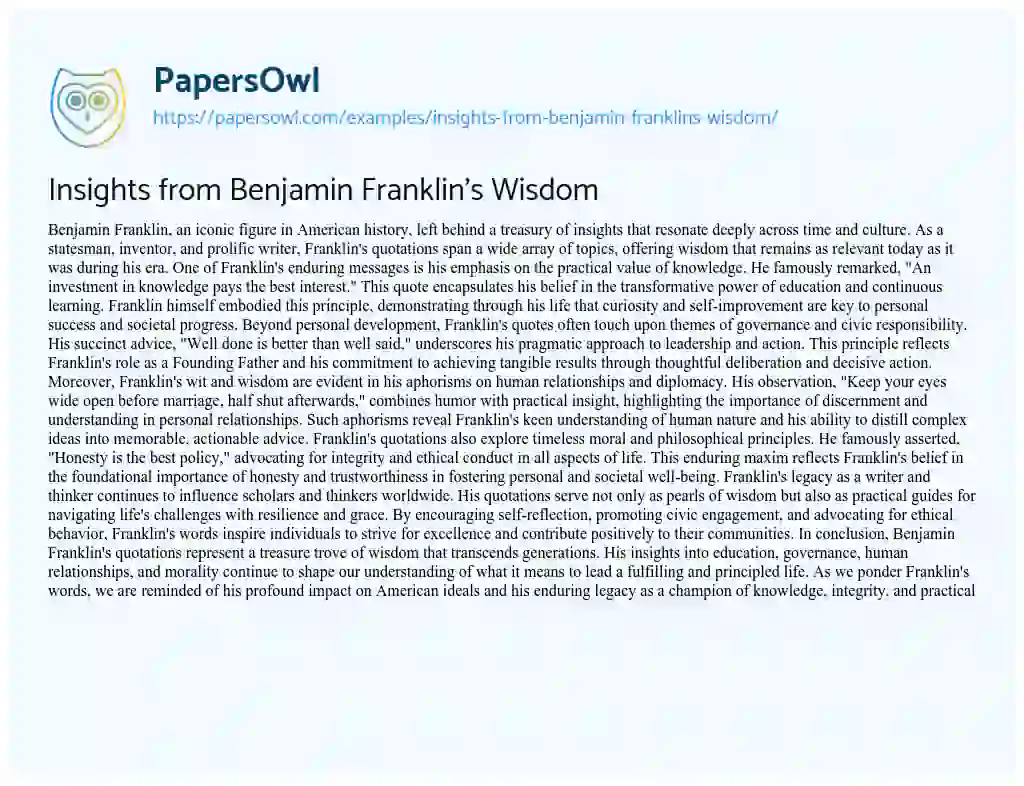 Essay on Insights from Benjamin Franklin’s Wisdom