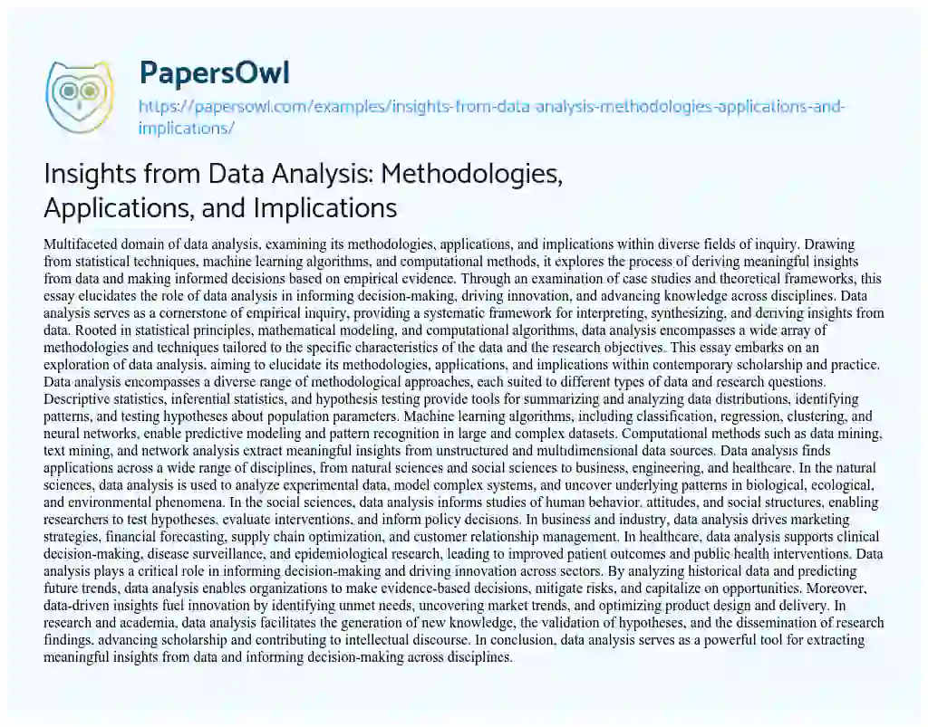 Essay on Insights from Data Analysis: Methodologies, Applications, and Implications