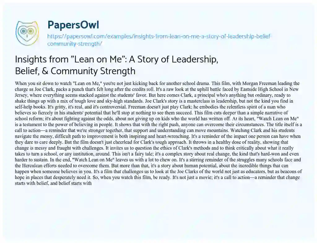 Essay on Insights from “Lean on Me”: a Story of Leadership, Belief, & Community Strength
