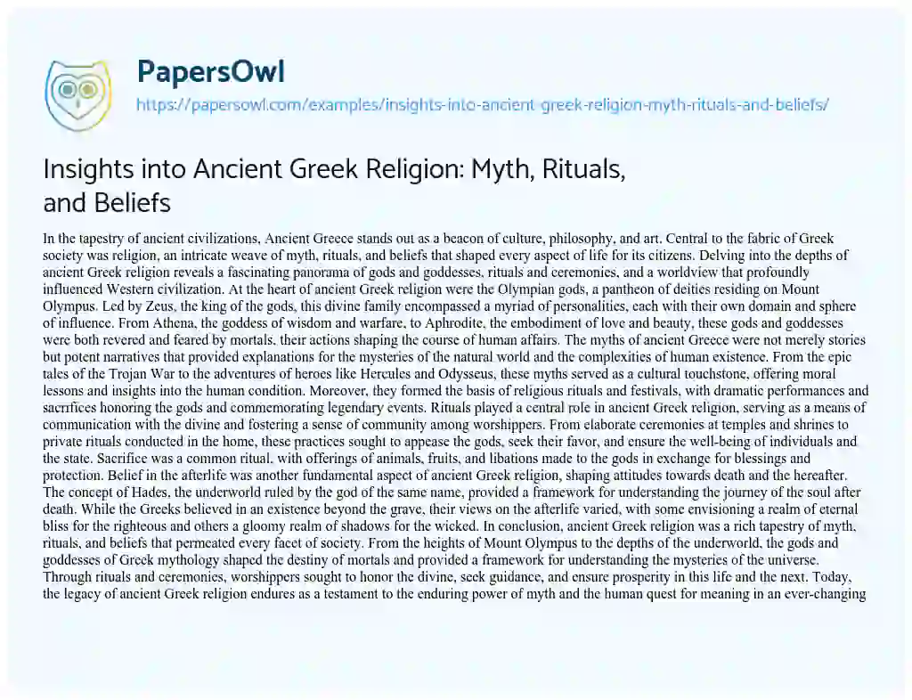 Essay on Insights into Ancient Greek Religion: Myth, Rituals, and Beliefs