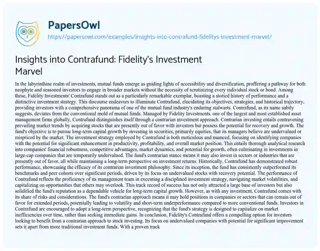 Essay on Insights into Contrafund: Fidelity’s Investment Marvel