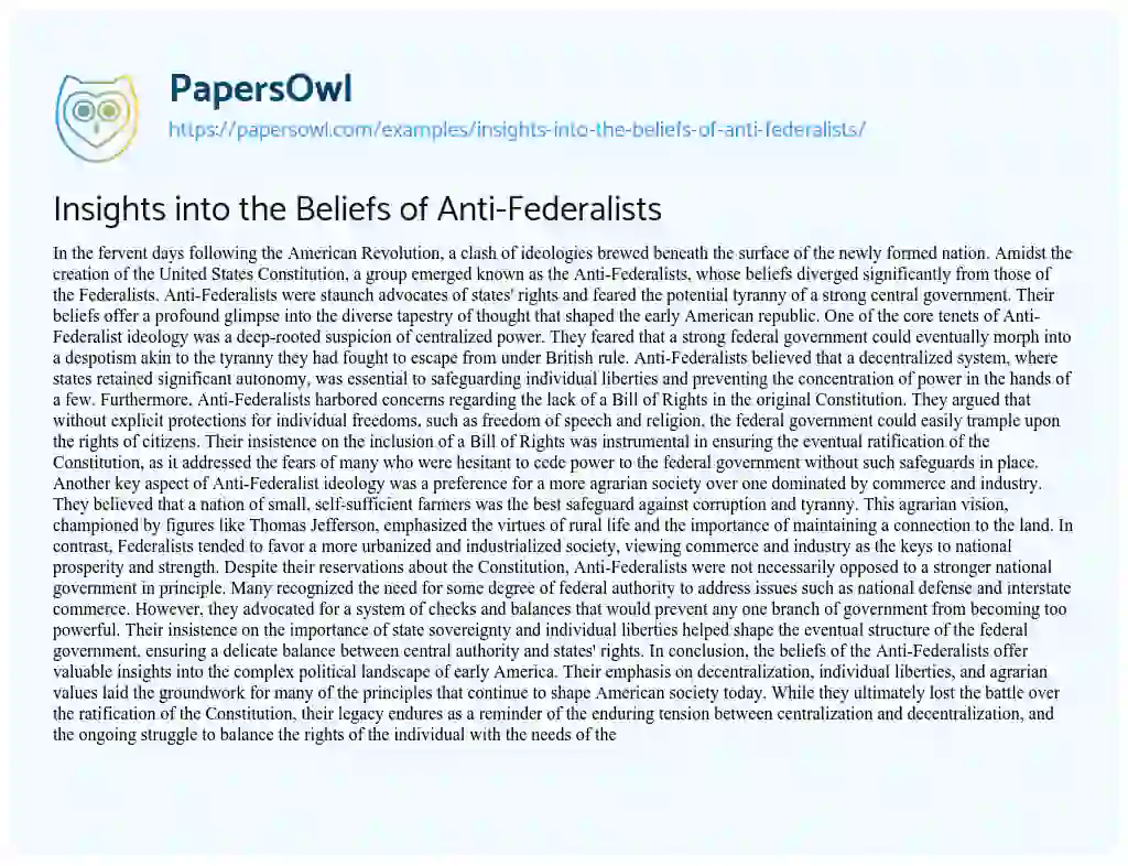 Essay on Insights into the Beliefs of Anti-Federalists