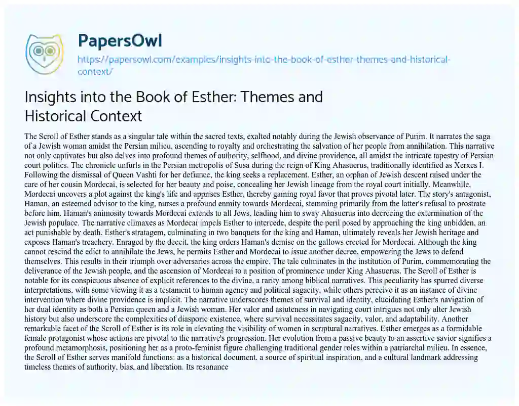 Essay on Insights into the Book of Esther: Themes and Historical Context