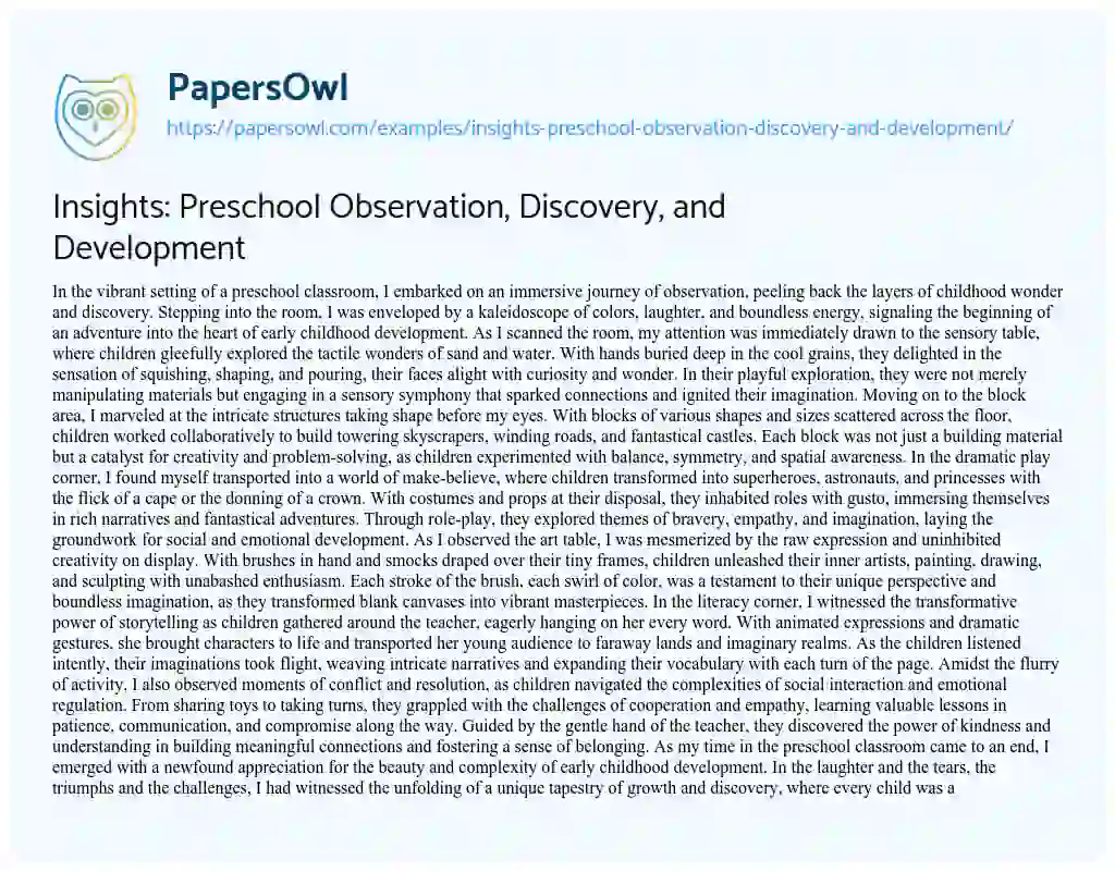 Essay on Insights: Preschool Observation, Discovery, and Development