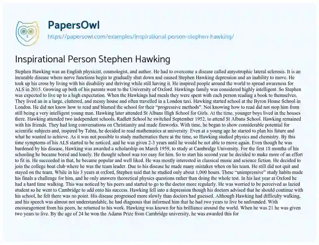 Essay on Inspirational Person Stephen Hawking