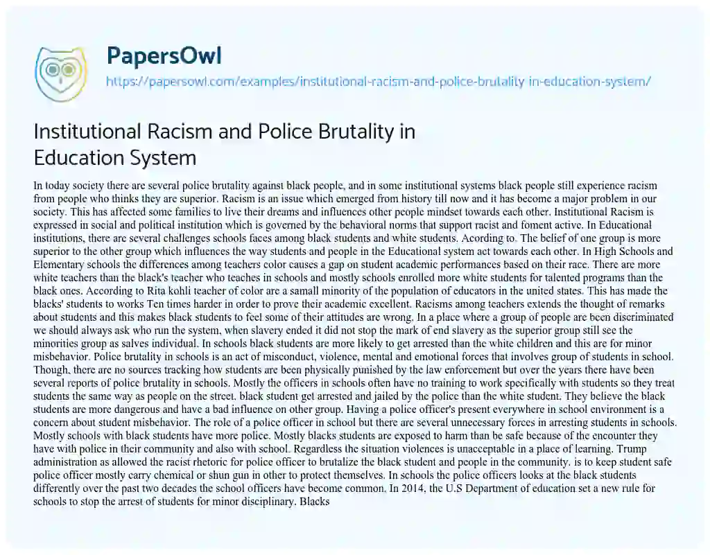 Essay on Institutional Racism and Police Brutality in Education System