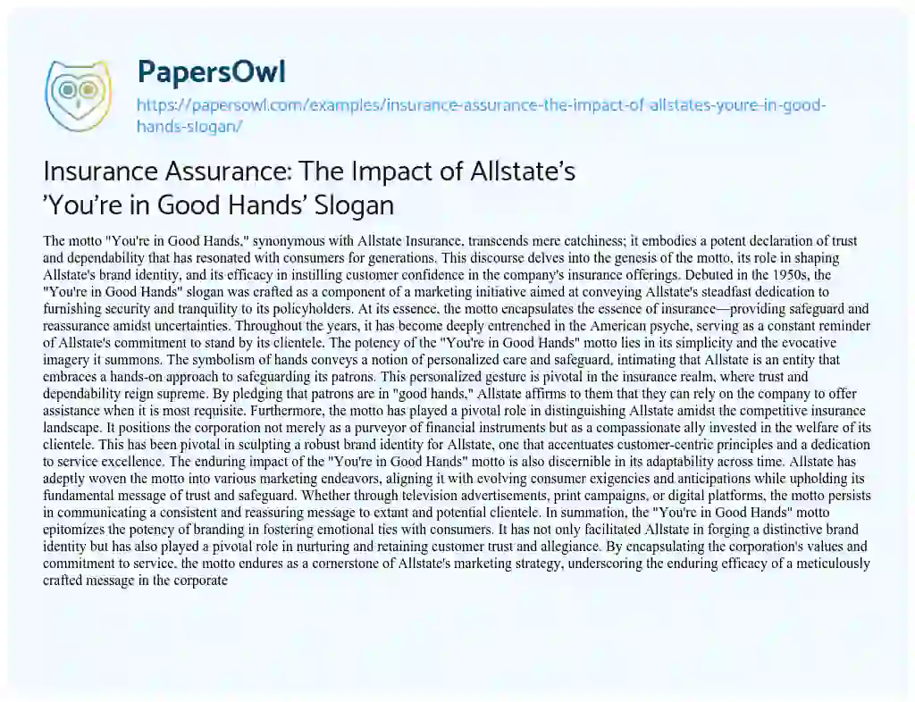 Essay on Insurance Assurance: the Impact of Allstate’s ‘You’re in Good Hands’ Slogan