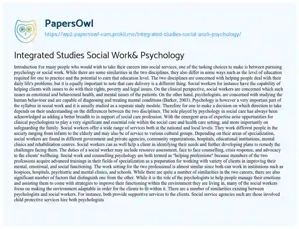 Essay on Integrated Studies Social Work& Psychology
