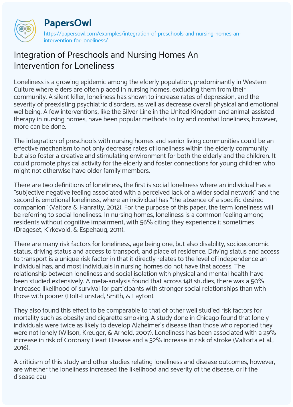 Essay on Integration of Preschools and Nursing Homes an Intervention for Loneliness