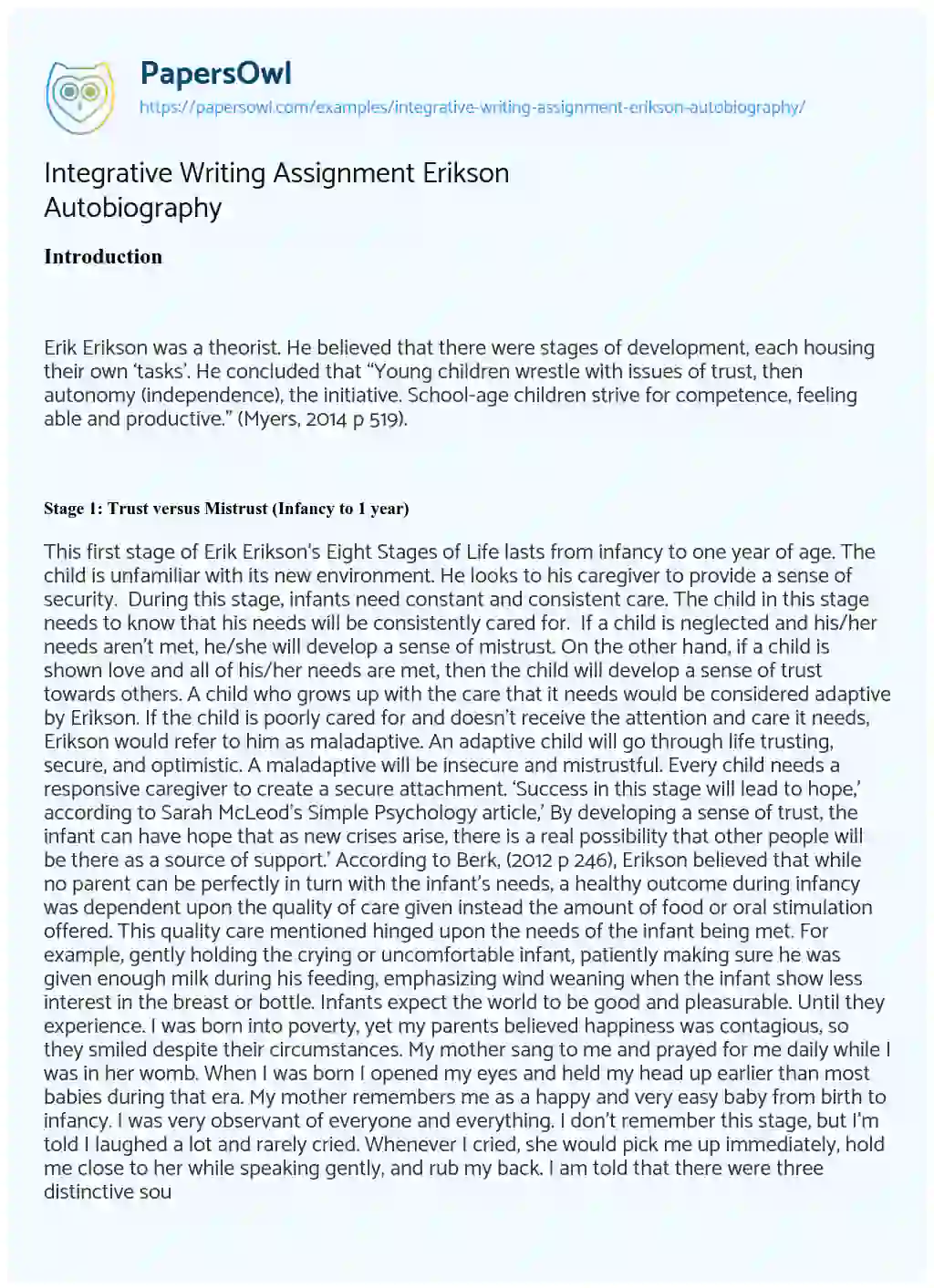 Essay on Integrative Writing Assignment Erikson Autobiography