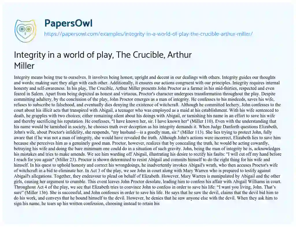 Essay on Integrity in a World Of play, the Crucible, Arthur Miller