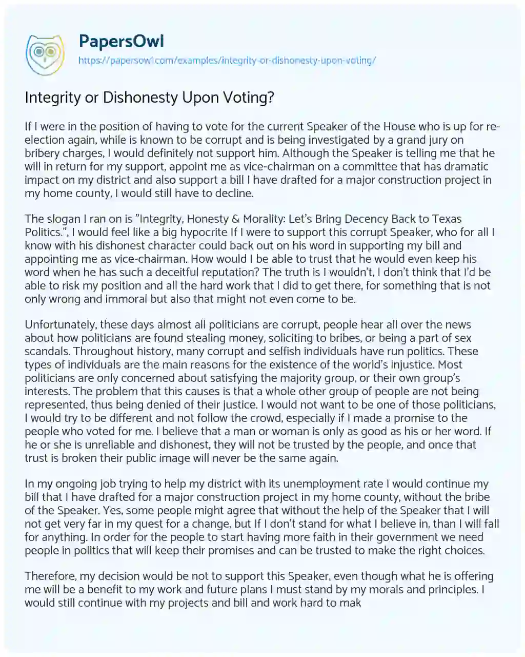 Essay on Integrity or Dishonesty Upon Voting?