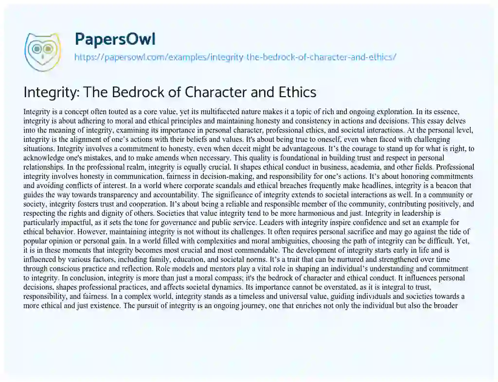 Essay on Integrity: the Bedrock of Character and Ethics