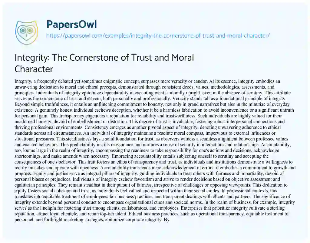 Essay on Integrity: the Cornerstone of Trust and Moral Character