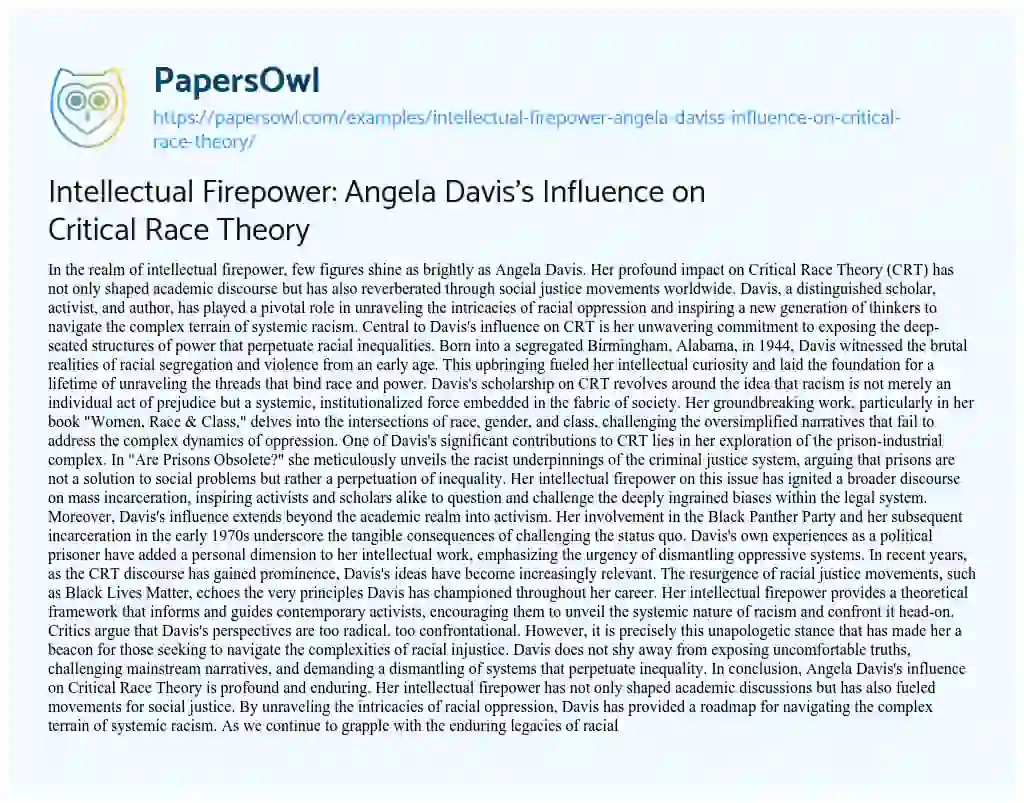 Essay on Intellectual Firepower: Angela Davis’s Influence on Critical Race Theory