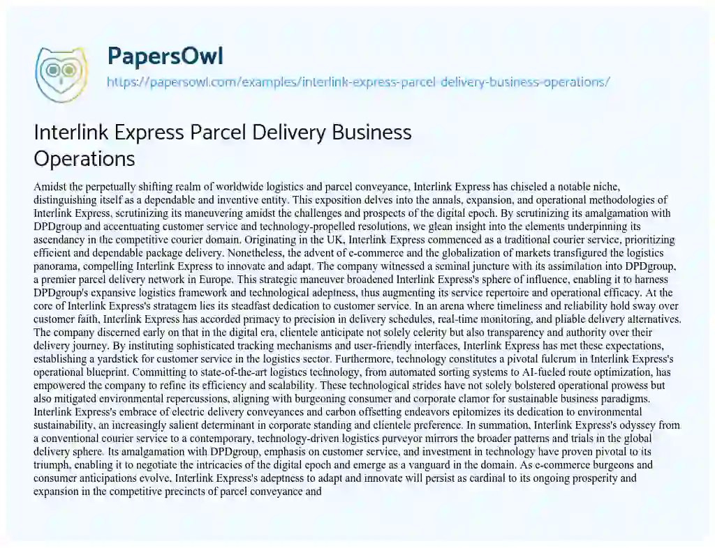 Essay on Interlink Express Parcel Delivery Business Operations
