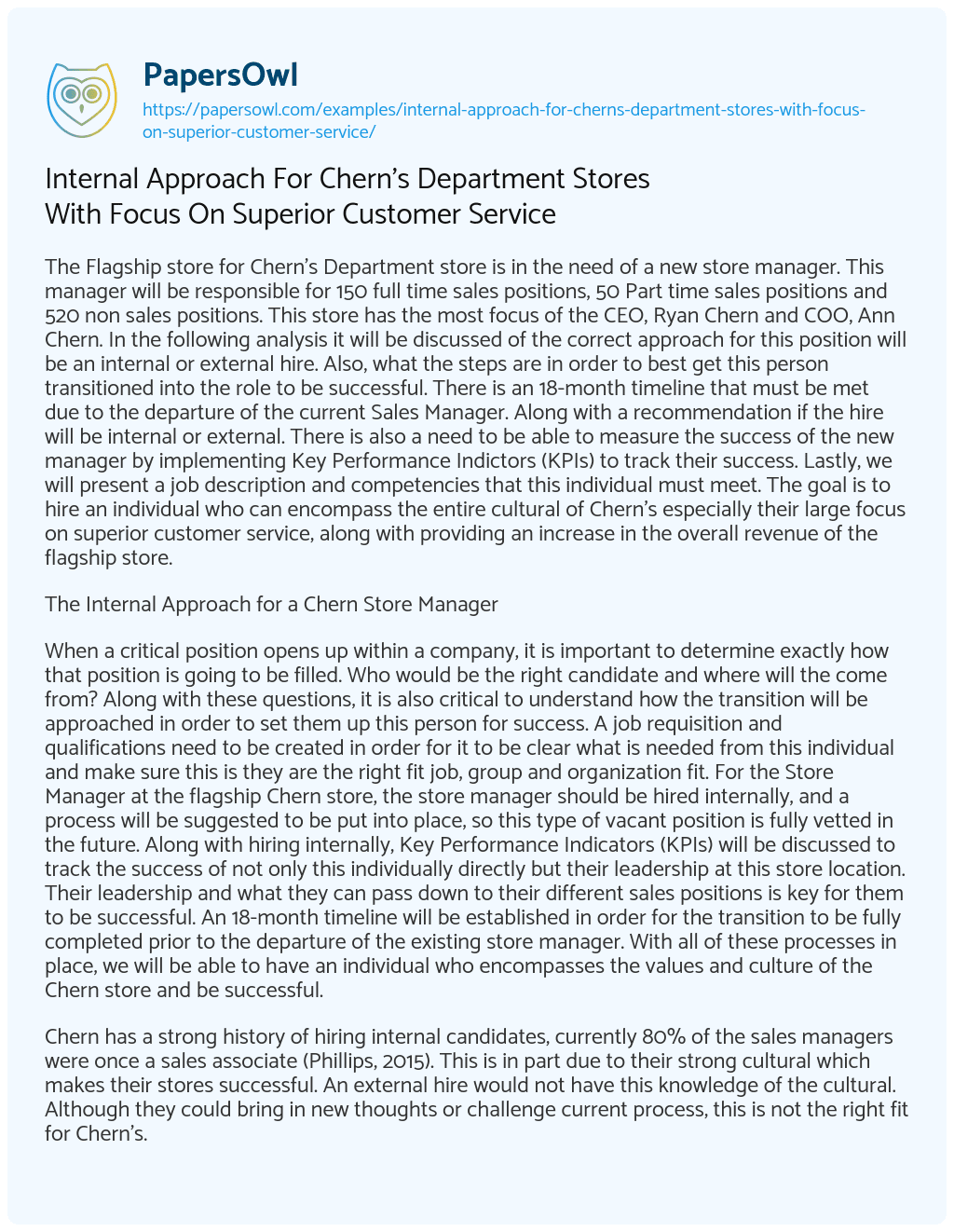 Essay on Internal Approach for Chern’s Department Stores with Focus on Superior Customer Service