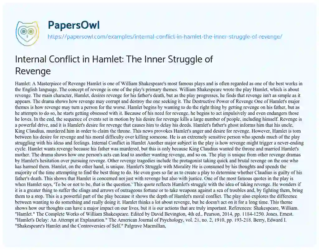 Essay on Internal Conflict in Hamlet: the Inner Struggle of Revenge