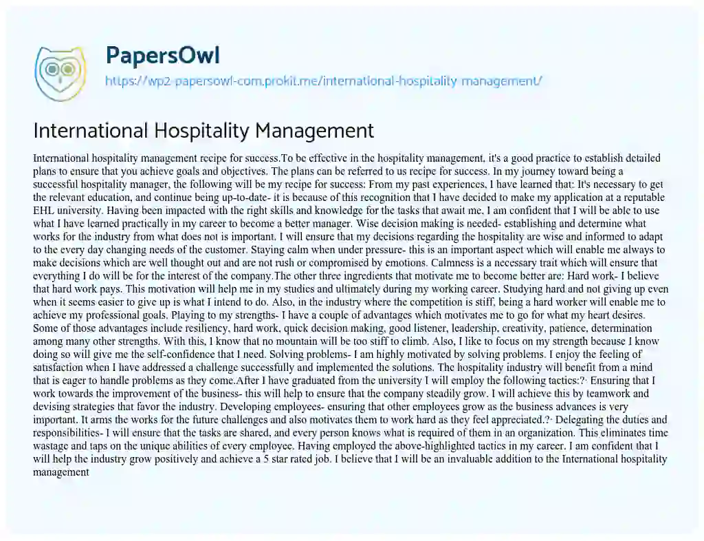 Essay on International Hospitality Management