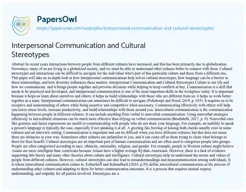 Essay on Interpersonal Communication and Cultural Stereotypes
