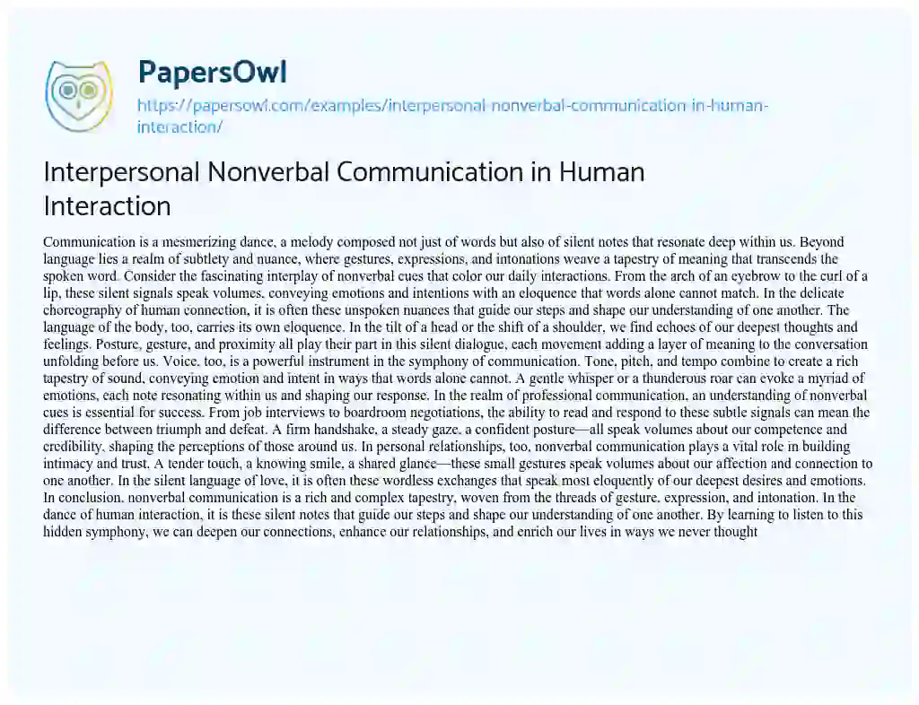 Essay on Interpersonal Nonverbal Communication in Human Interaction