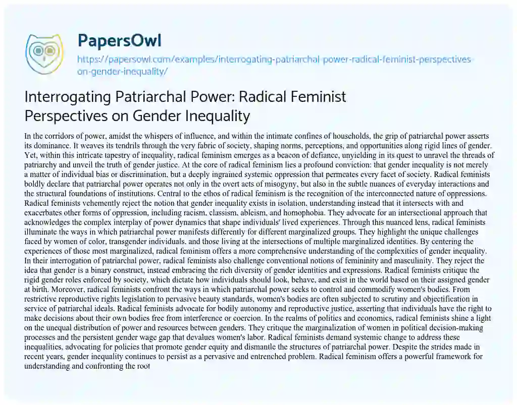 Essay on Interrogating Patriarchal Power: Radical Feminist Perspectives on Gender Inequality