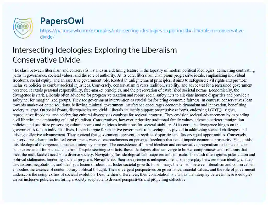 Essay on Intersecting Ideologies: Exploring the Liberalism Conservative Divide