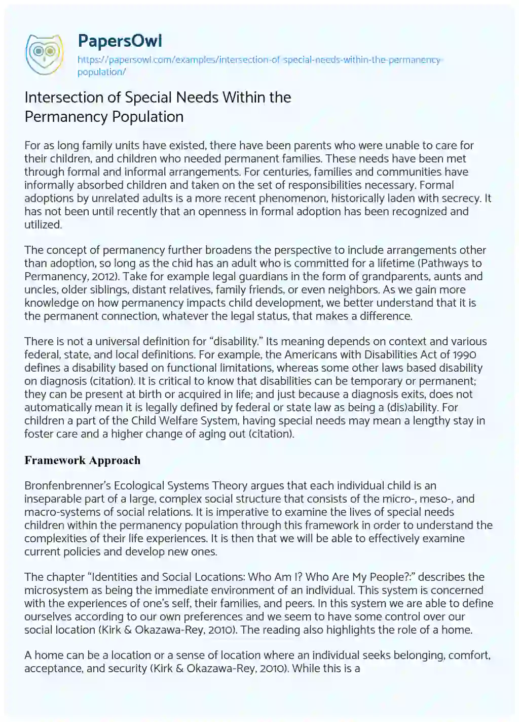 Essay on Intersection of Special Needs Within the Permanency Population