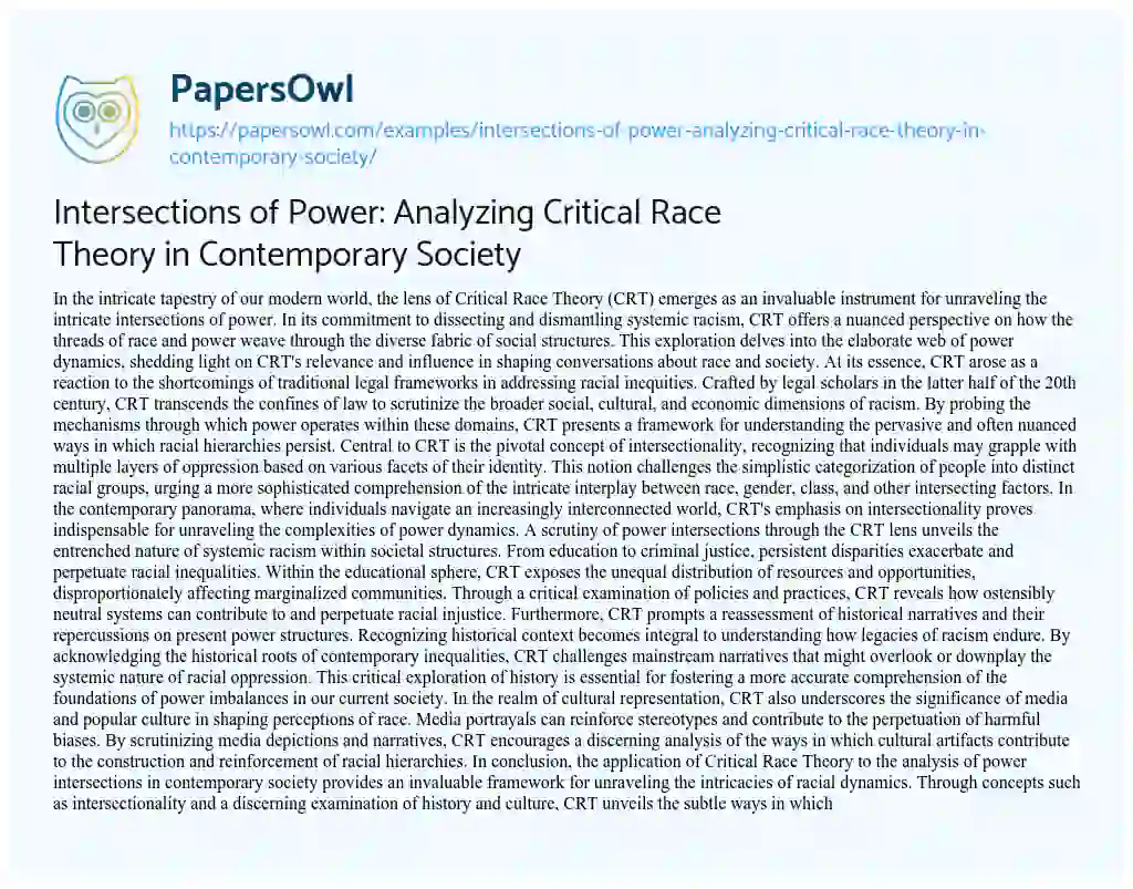 Essay on Intersections of Power: Analyzing Critical Race Theory in Contemporary Society