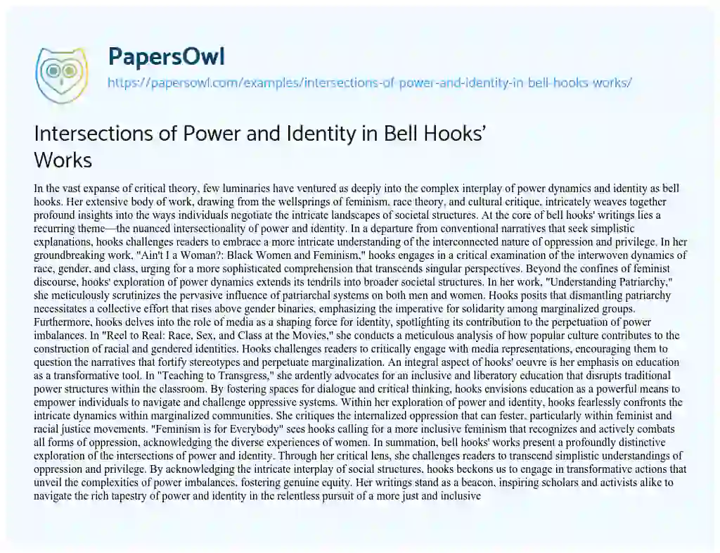 Essay on Intersections of Power and Identity in Bell Hooks’ Works